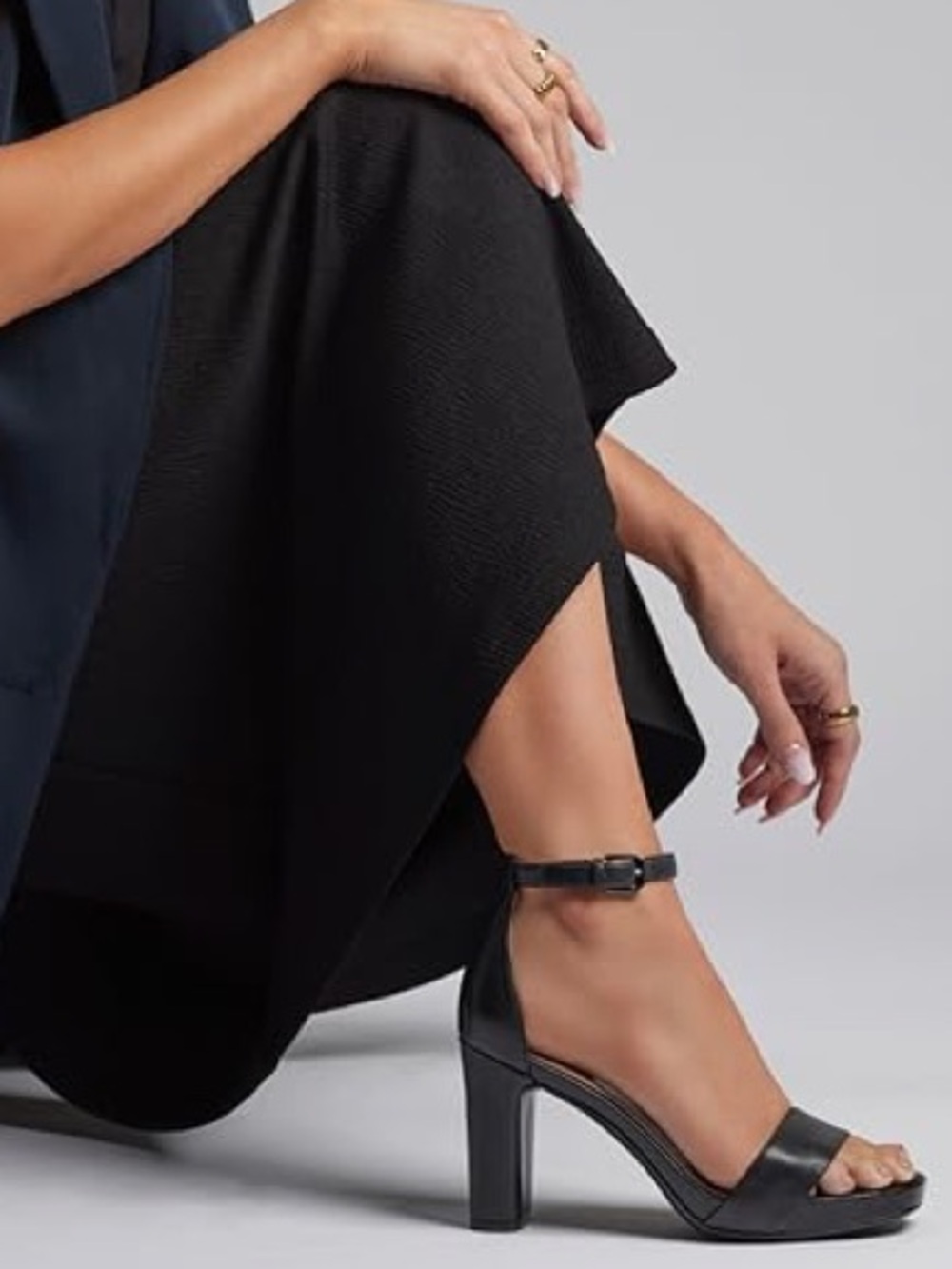 Naturalizer Joy Black Leather Block Heel Sandal with Ankle Strap (Extra Wide)